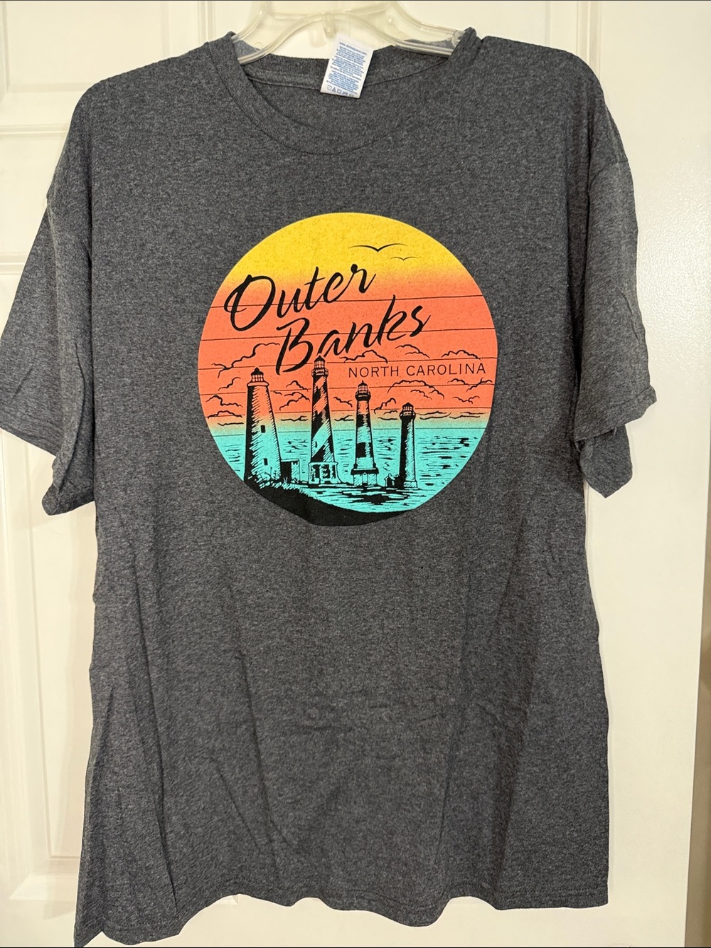 Delta Charcoal Gray Outer Banks Graphic Tee with Sunset Print